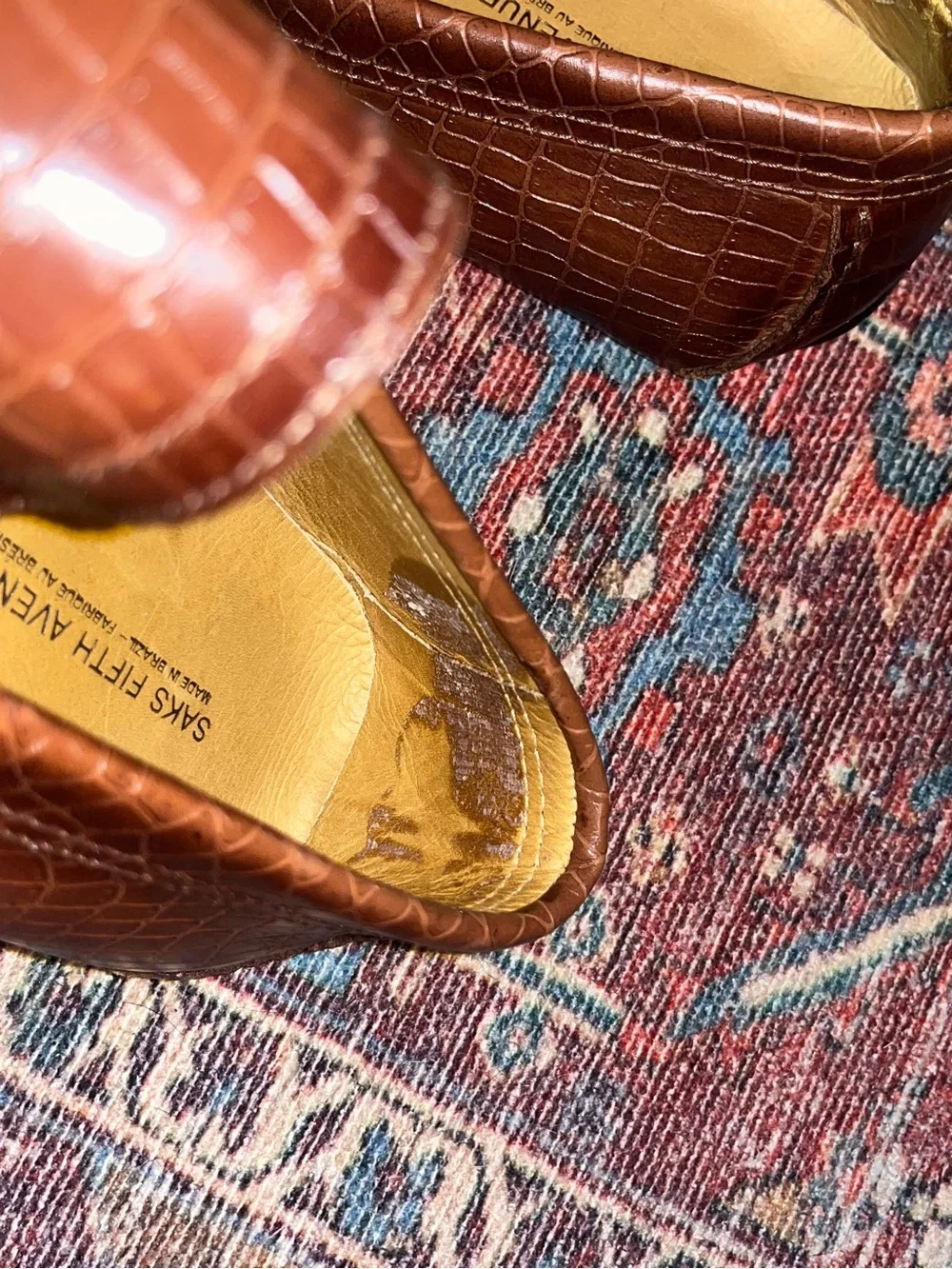 Saks Fifth Avenue Drivers Loafers Brown Gold Accent Crocodile 10.5
